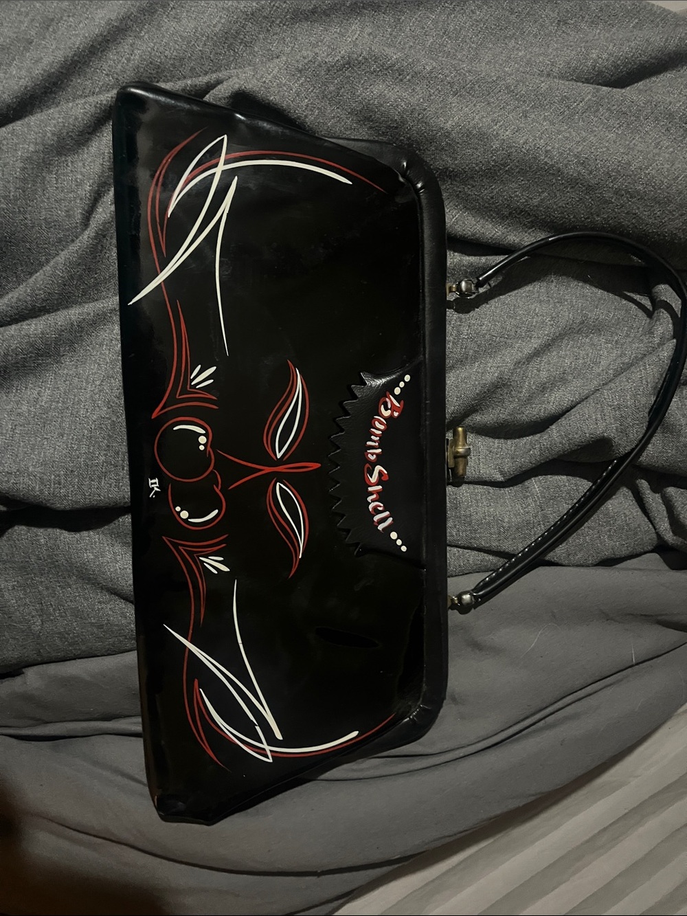 Black Patent Handbag with Red & White Pinstripe Accent